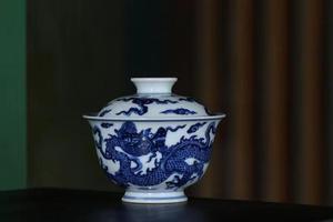 青花龙纹二才盖碗
