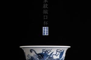 青花内雕海水飞象纹撇口杯