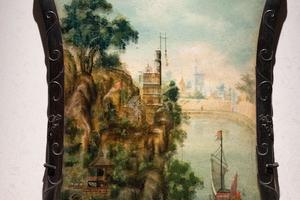 紫檀木边画玻璃 西洋人物风景图挂屏