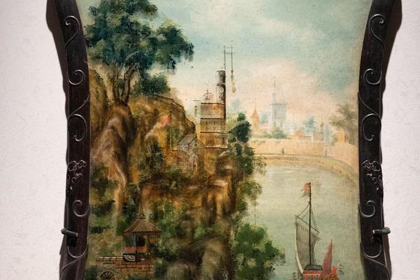 紫檀木边画玻璃 西洋人物风景图挂屏