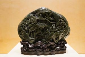 清 碧玉浮雕山水楼阁山子