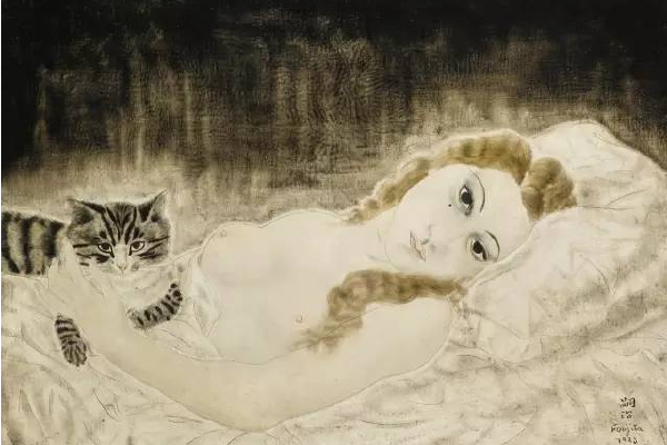 横卧的裸妇和猫